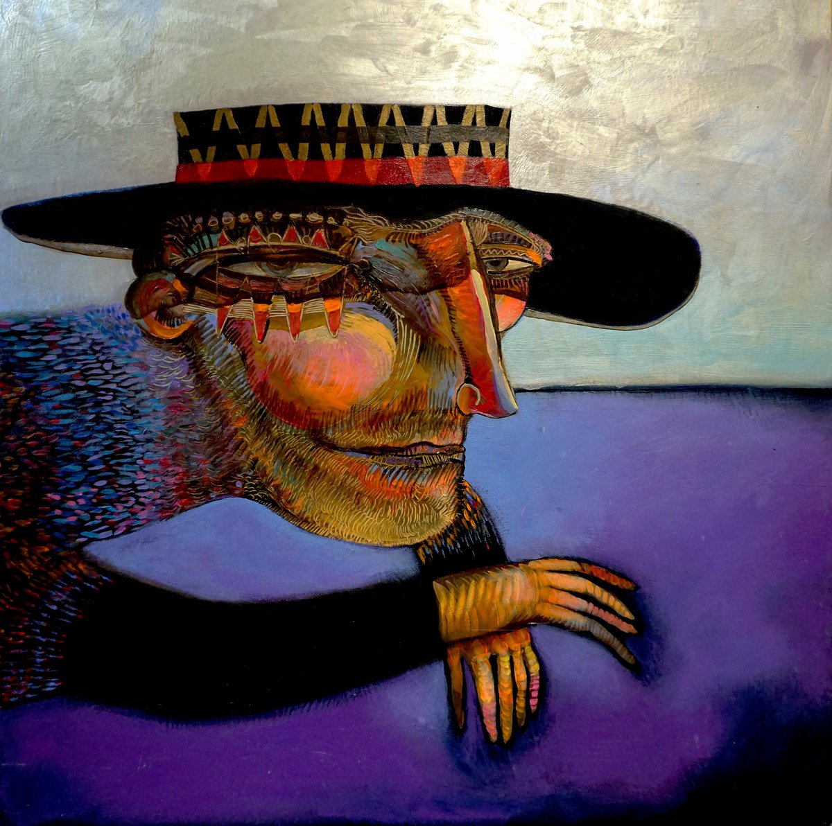 Organic Portrait Acrylic Painting By Victor Tkachenko, 24 X 24", Purple Beach, Original Artwork