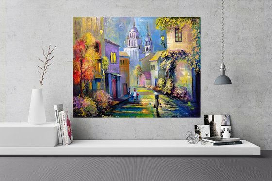 " Morning in Italy " - 100 x 80cm Original Oil Painting Large XL Landscape old Cityscape