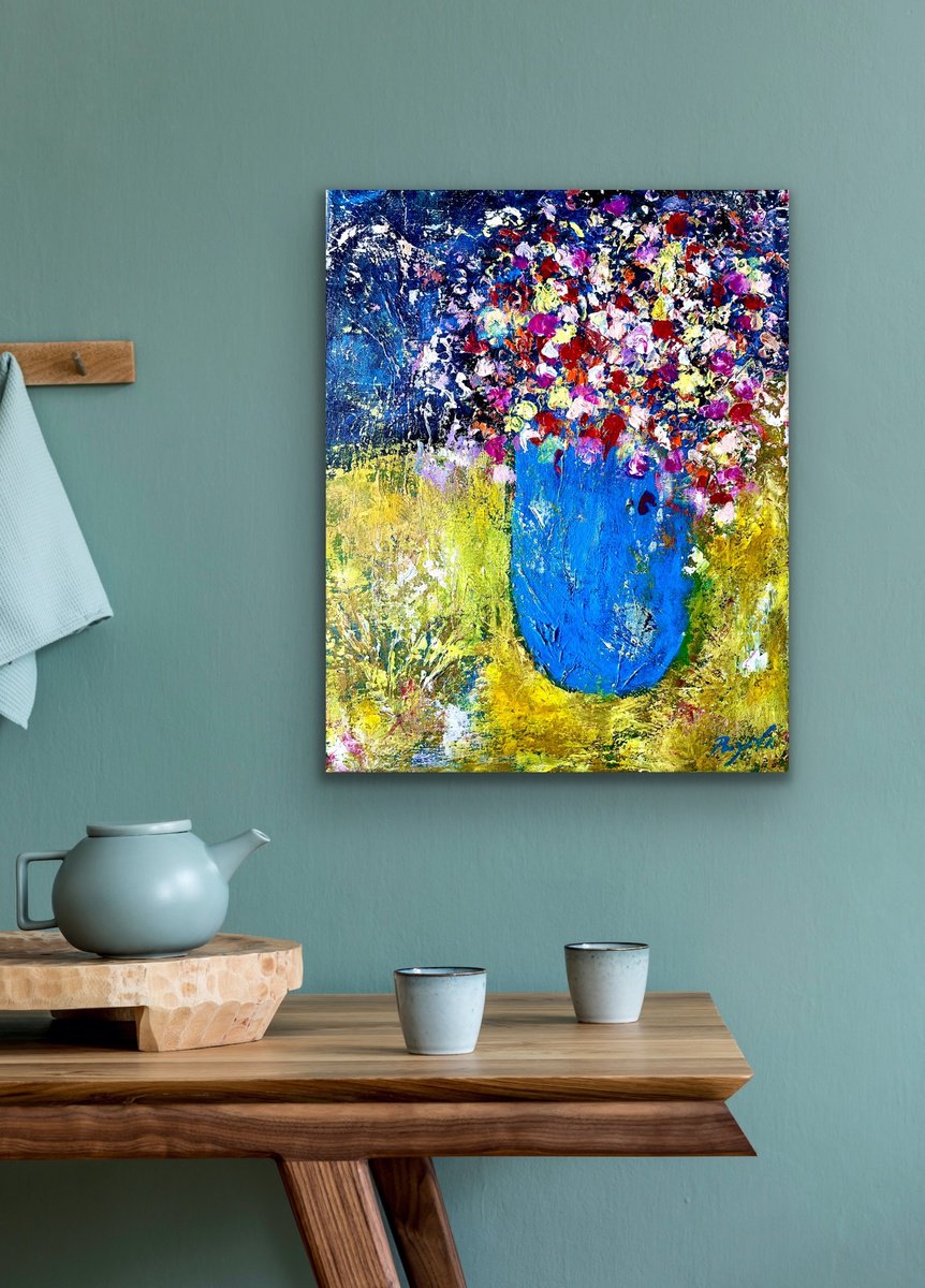 Impressionistic Still Life Acrylic Painting By Pooja Verma, 16 X 20", Blue Vase And Summer Flower, Original Artwork