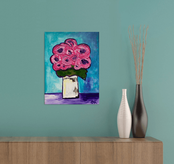 BOUQUET OF Pink  Roses  #9 palette  knife Original Acrylic painting office home decor gift
