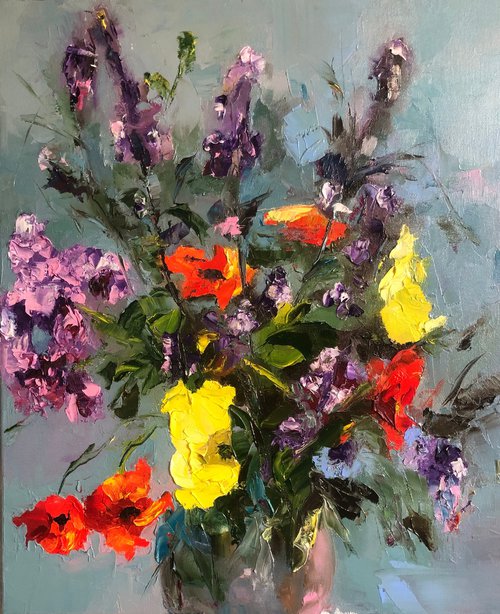 BOUQUET OF WILD FLOWERS, Oil on canvas panel by Svetlana Caikovska