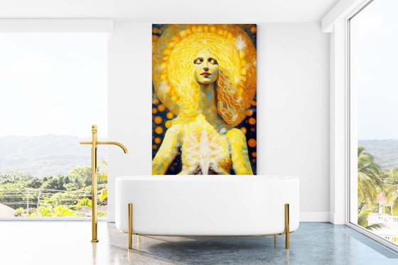Inner Light. 180 x 120 cm. Magical radiance of the soul. Futuristic fantasy fabulous esoteric surreal mystery harmonious artwork. Yoga meditation relaxation pray aura grace Large format wall art on canvas. Original golden yellow huge digital painting for home decor