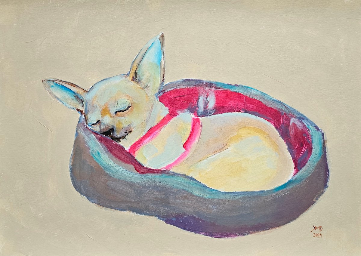 Expressive Animal Acrylic Painting By Ksenia June, 17 X 12", A Sleeping Chihuahua, Original Artwork