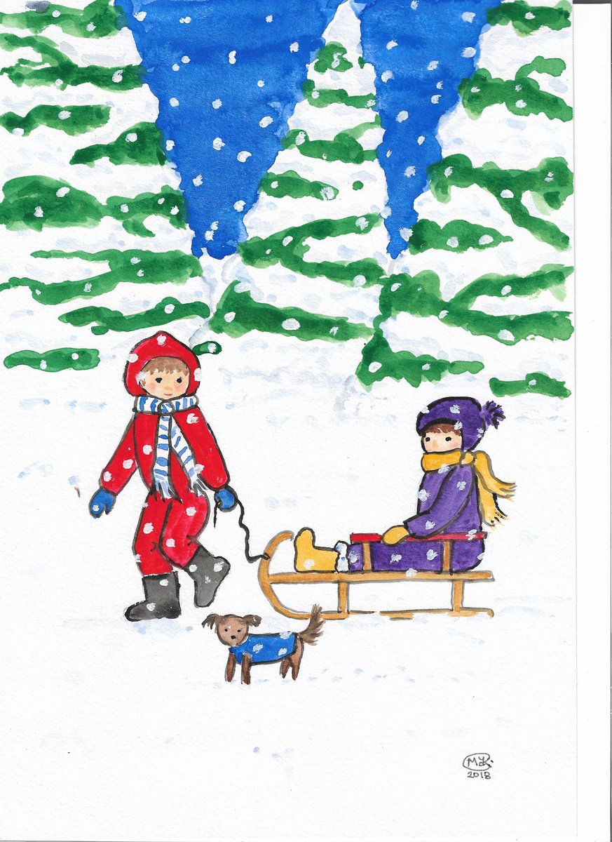 Naive Portrait Painting By Marjansart, 8 X 12", Children In Winter Wonderland, Original Artwork