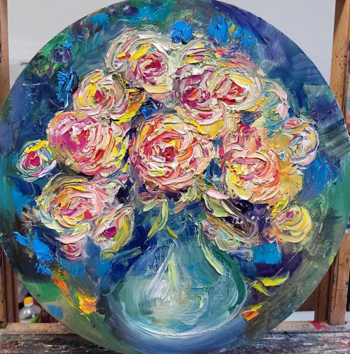 Roses on round canvas by HELINDA (Olga Müller)