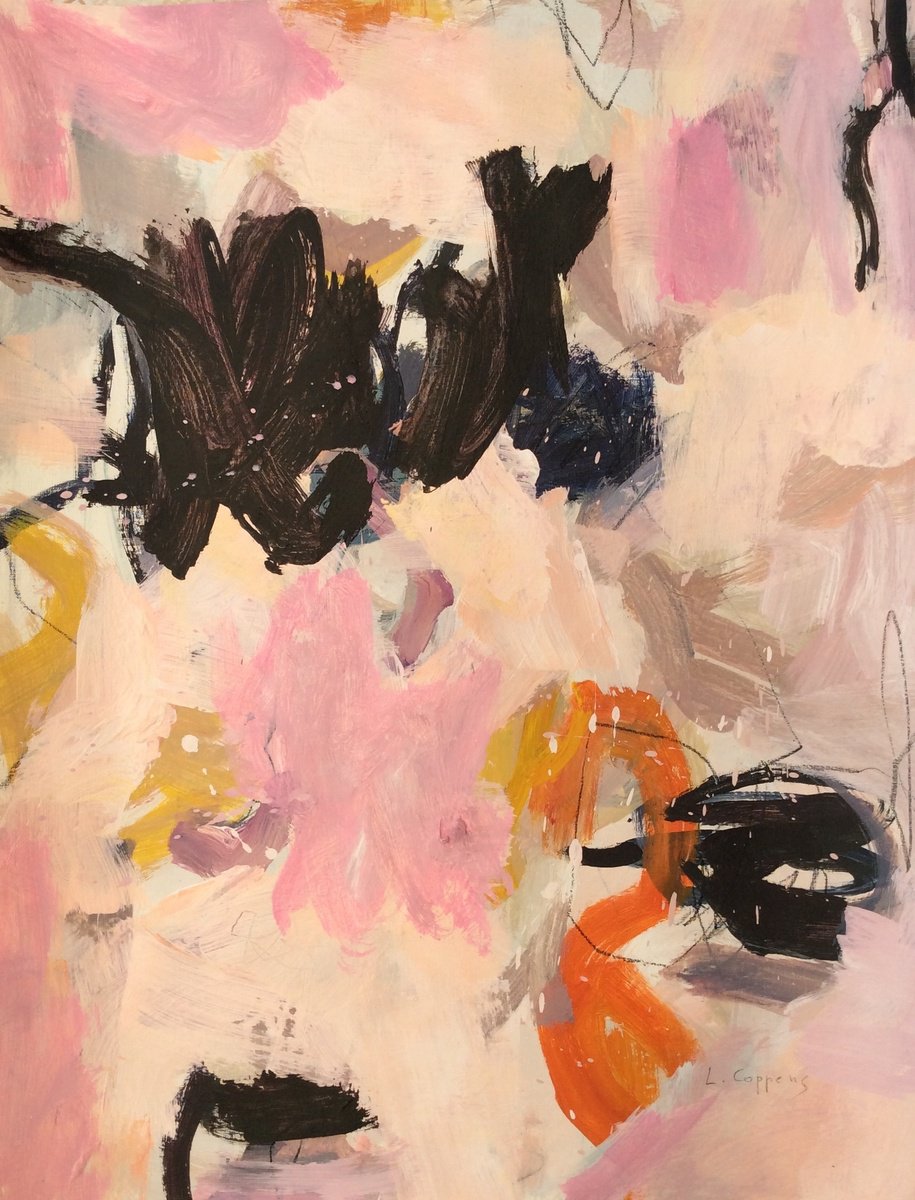 Expressive Abstract Acrylic Painting By Linda Coppens, 20 X 26", Whispers Of Pink, Original Artwork