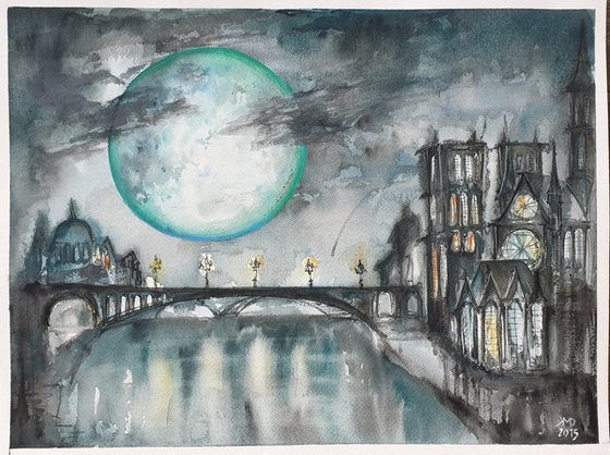 Midnight moonlight in Paris at Notre Dame