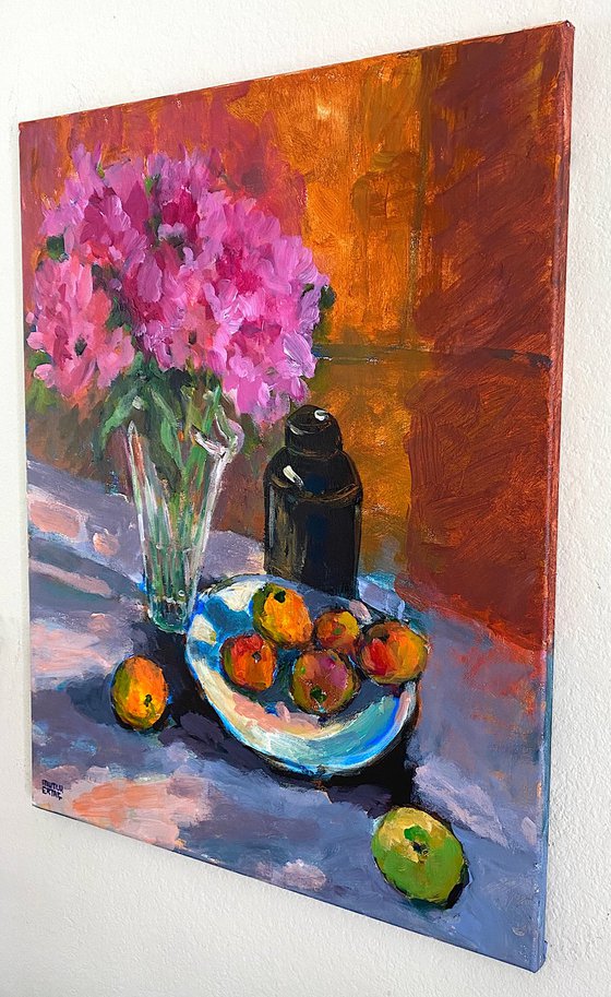 Peonies and Plate of Fruits