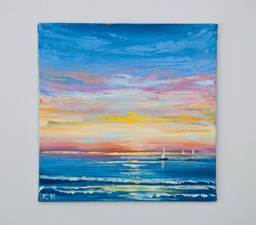 Ocean. Sunset. Oil painting. 6 x 6in. by Tetiana Vysochynska