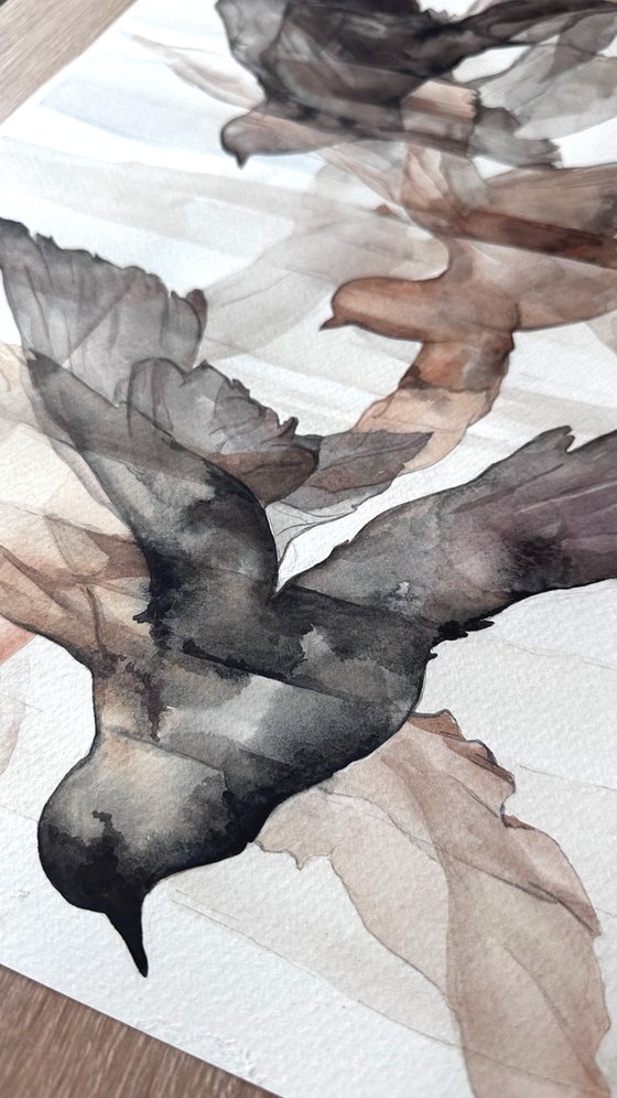 Beige - Black Flying pigeons Silhouette