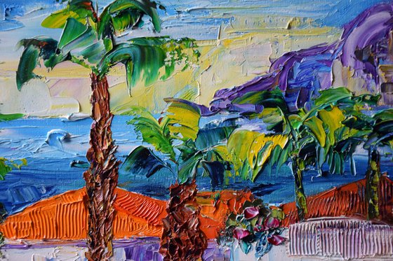 Island seascape original oil painting on canvas, coastal home decor, Spain palette knife artwork