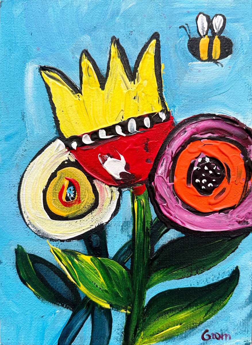 Impressionistic Botanical Acrylic Painting By Oksana Fedorova, 5 X 7", Cartoon Flowers And Bee, Original Artwork