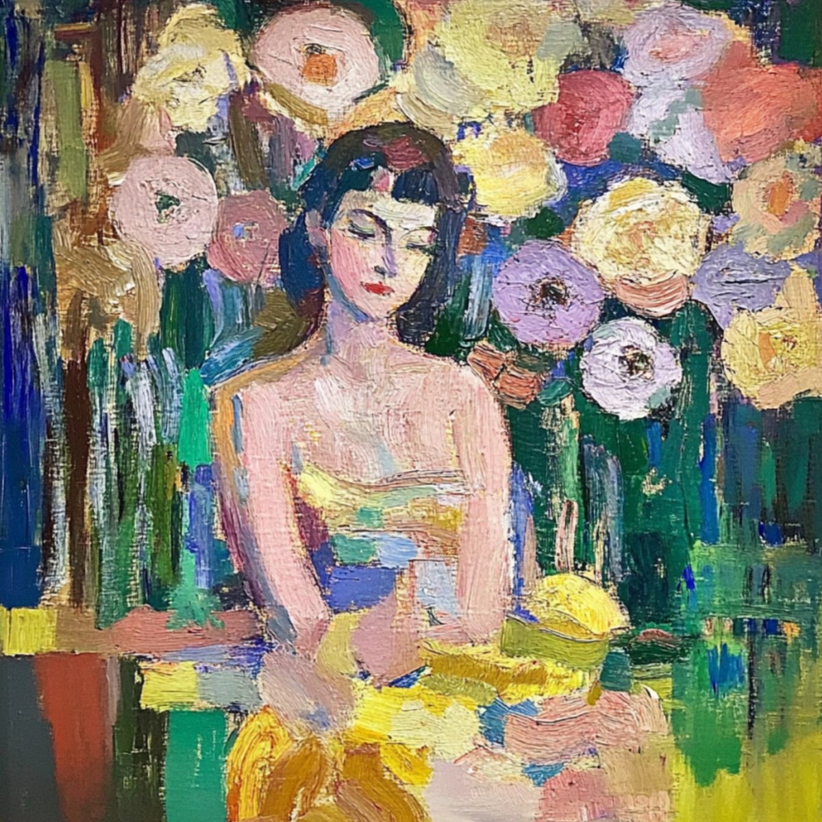 Impressionistic Portrait Print By Elena Avanesova, 31 X 31, Woman With Flowers, Original Artwork