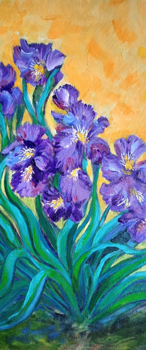 Purple Irises Expressionist acrylic painting on canvas 12"x 16" by Asha Shenoy