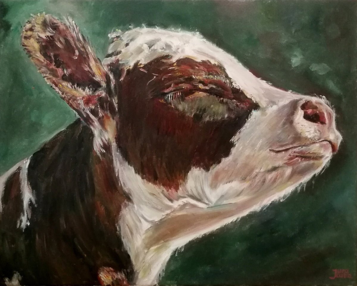 Impressionistic Animal Oil Painting By Jura Kuba Art, 20 X 16", Cow With Eyes Closed, Original Artwork