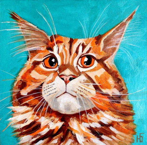 Funny Ginger, Cat Oil Painting Original Art Ginger Maine Coon Pet Portrait