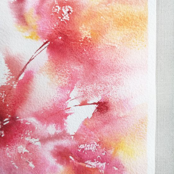 Red abstract flowers, small watercolor painting