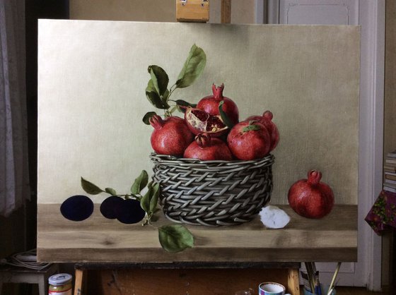 Wild pomegranates, 60x80cm, oil on canvas, 2018, original classic still life, Syuzanna Tarverdyan