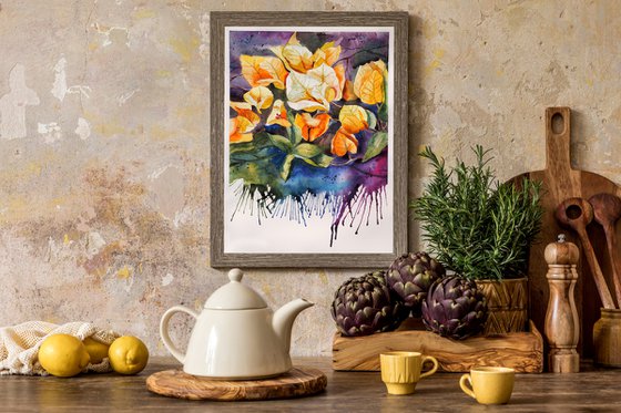 Yellow bougainvillea - expressive original watercolor flower, falling paint