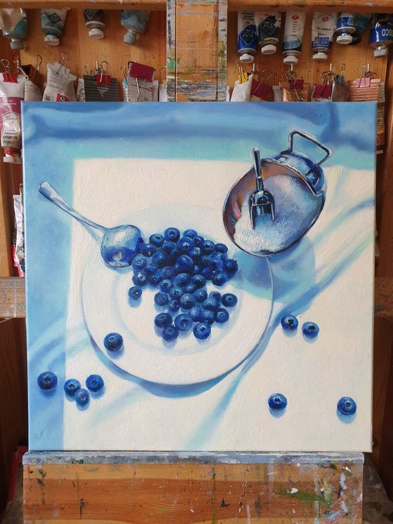 "Slightly sour.  "  still life summer blueberry blue berries  white liGHt original painting  GIFT (2021)