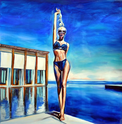 GET HIGH - oil painting on canvas, blue marine, blue sky, top model, seaside, GIFT, home decor, office interior, wall art by Sasha Robinson