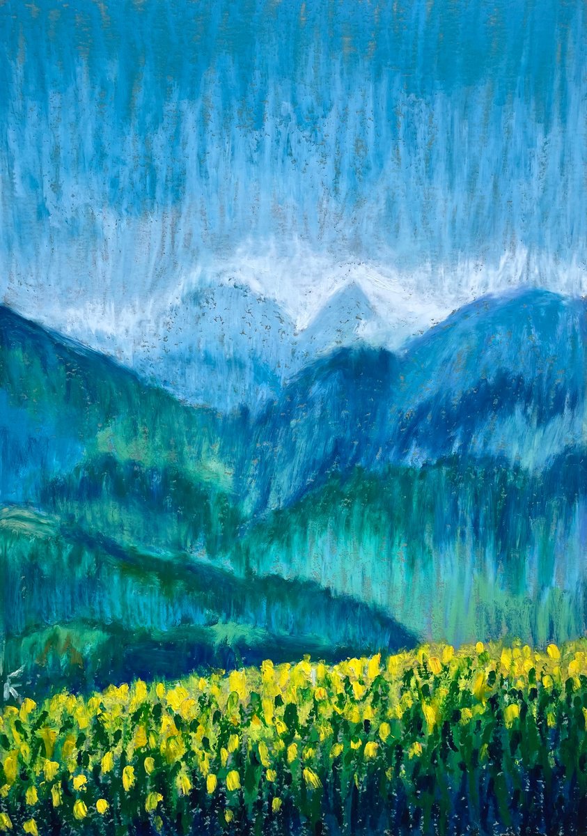 Mountain Original Painting, Oil Pastel Drawing, Green Landscape Artwork, Nature Wall Art by Kate Grishakova