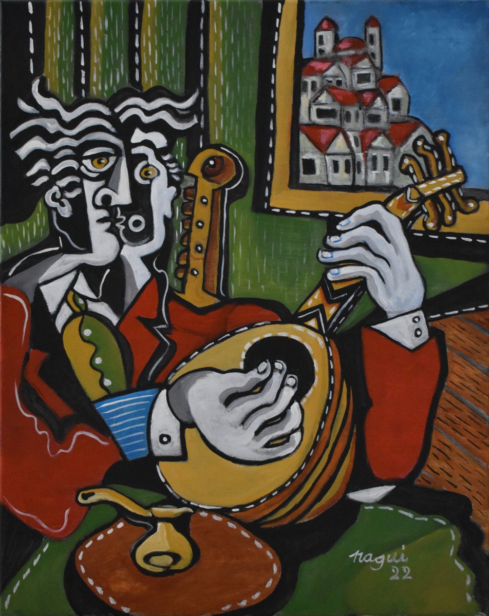 Expressive Portrait Acrylic Painting By Nagui, 16 X 20", The Lute Player, Original Artwork