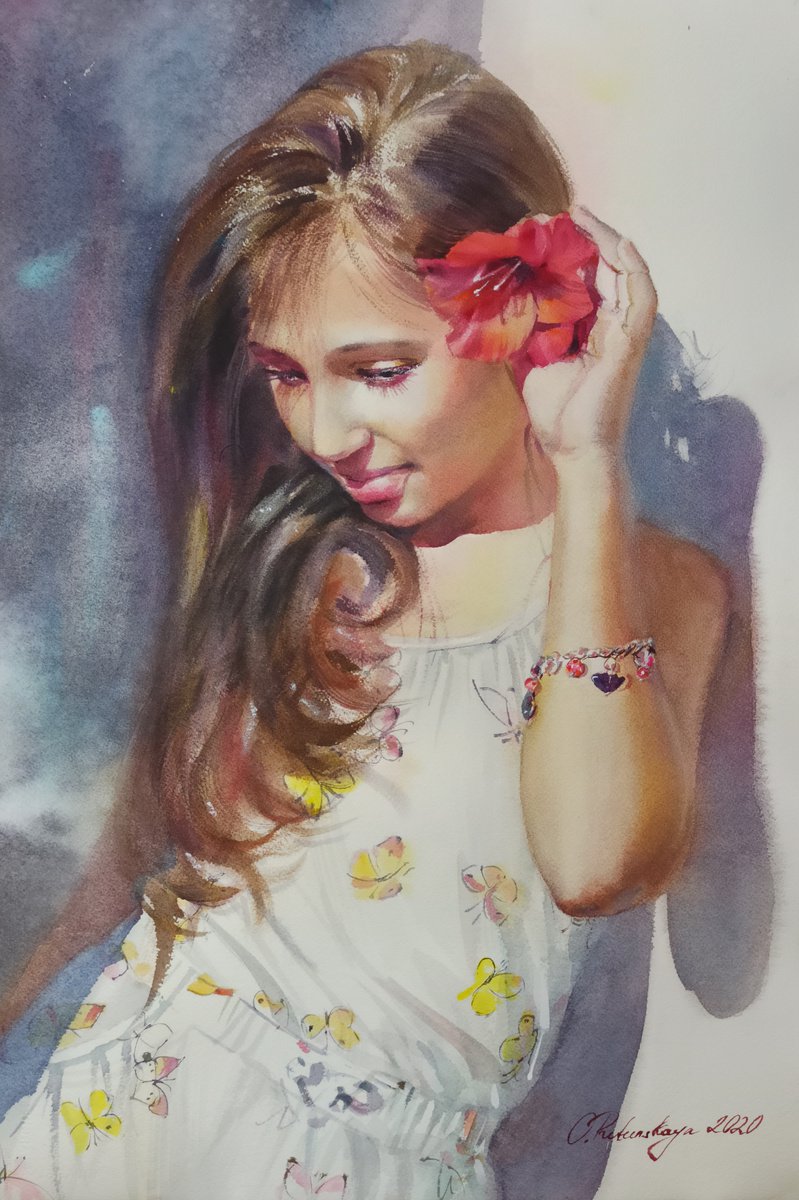 Impressionistic Portrait Watercolour By Olha Retunska, 15 X 22", Girl With Flower, Original Artwork