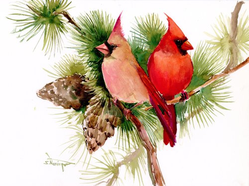 Cardinal Birds on the Pine Tree by Suren Nersisyan