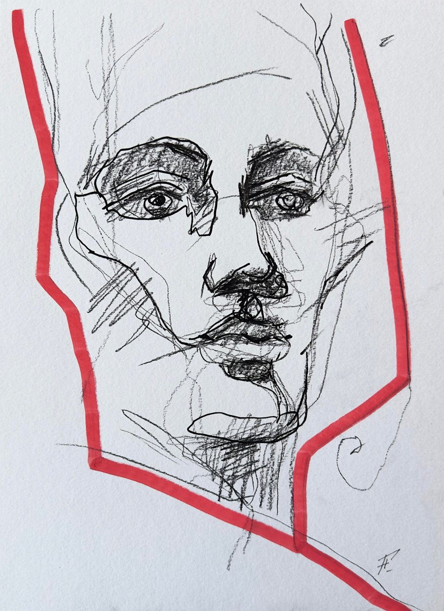 Urban And Pop Portrait Charcoal Drawing By Nikola Gulev, 12 X 17", "Between The Lines", Original Artwork