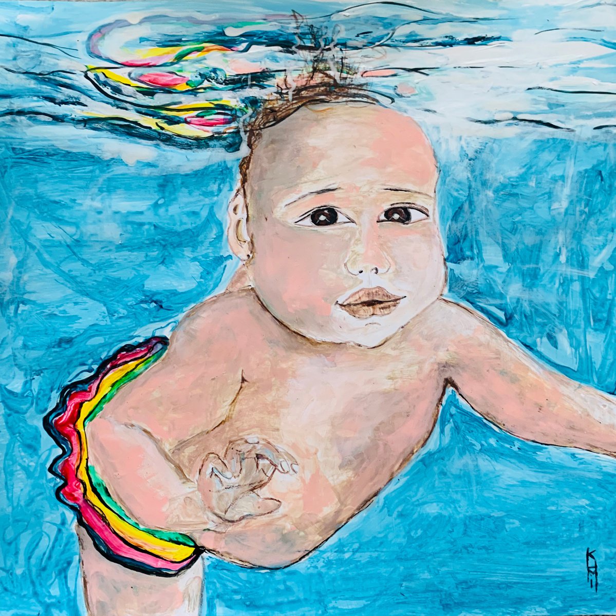 Underwater Painting of Baby Swimming for Home Decor, Child Portrait Art Decor, Artfinder G... by Kumi Muttu