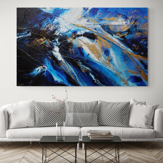 Golden Sapphire 200cm x 120cm Blue Gold Textured Abstract Art