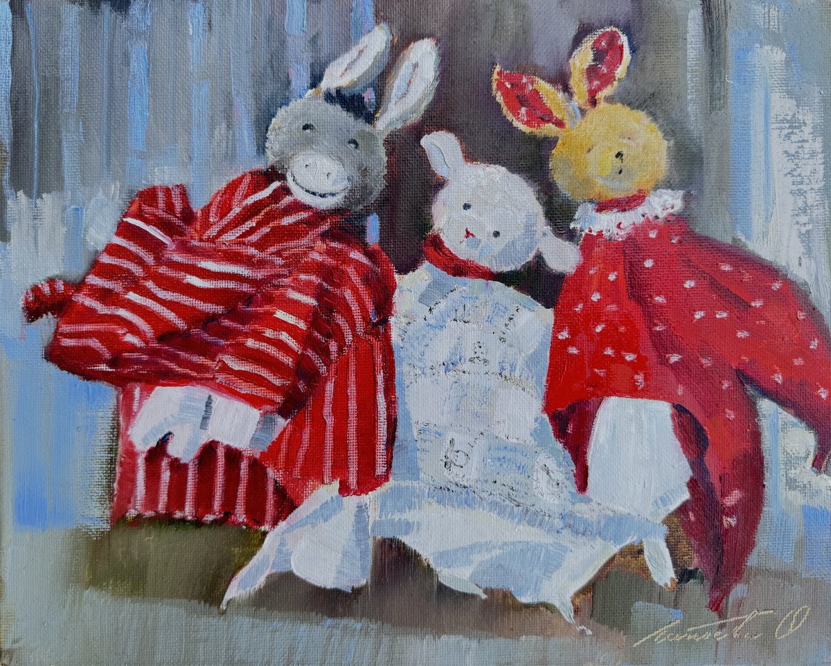 Cartoon Animal Oil Painting By Olha Laptieva, 12 X 9", I Like These Toys, Original Artwork