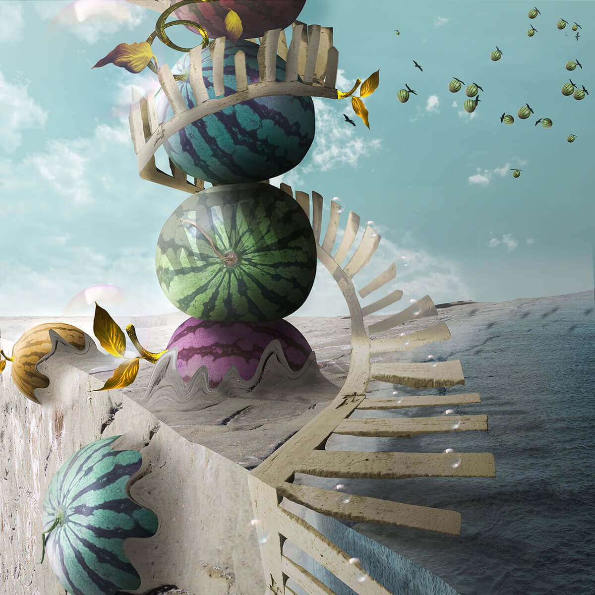 Surrealistic Landscape Print By Vanessa T Stefanova, 20 X 20", Melon Land, Original Artwork