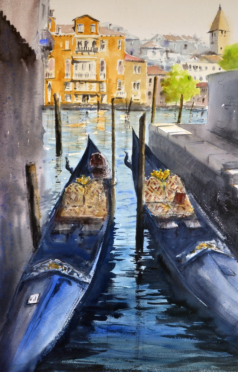 Gondola rest canals of Venice Italy 35x54cm 2020 by Nenad Kojic watercolorist