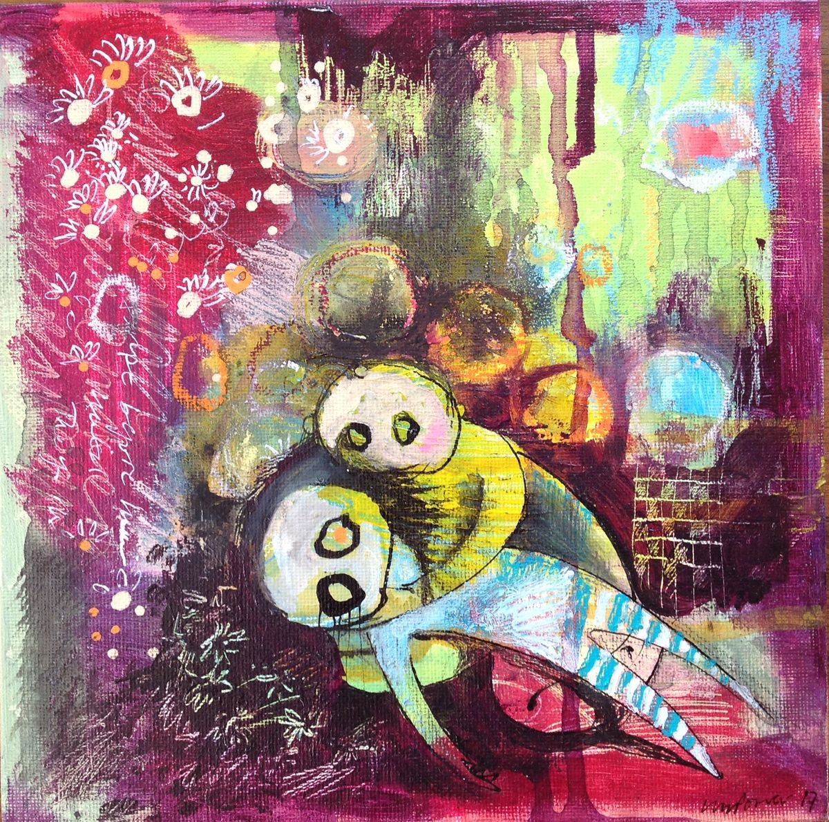 Love and Fear - 8 x 8 mixed media on board by Luci Power