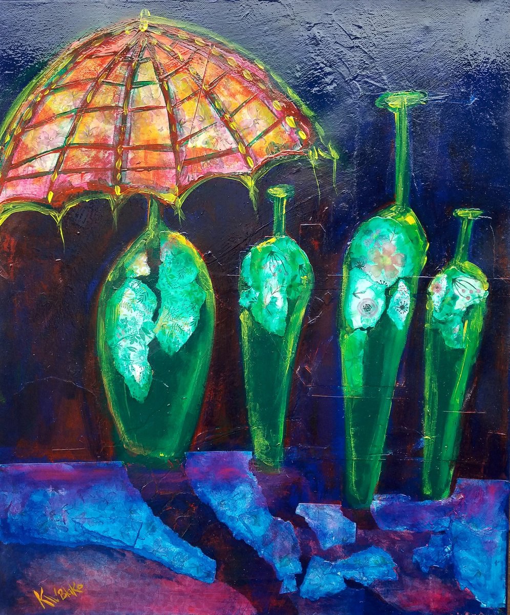 Naive Still Life Painting By Kevin Blake, 20 X 24", Tiffany Lamp And Green Bottles, Original Artwork