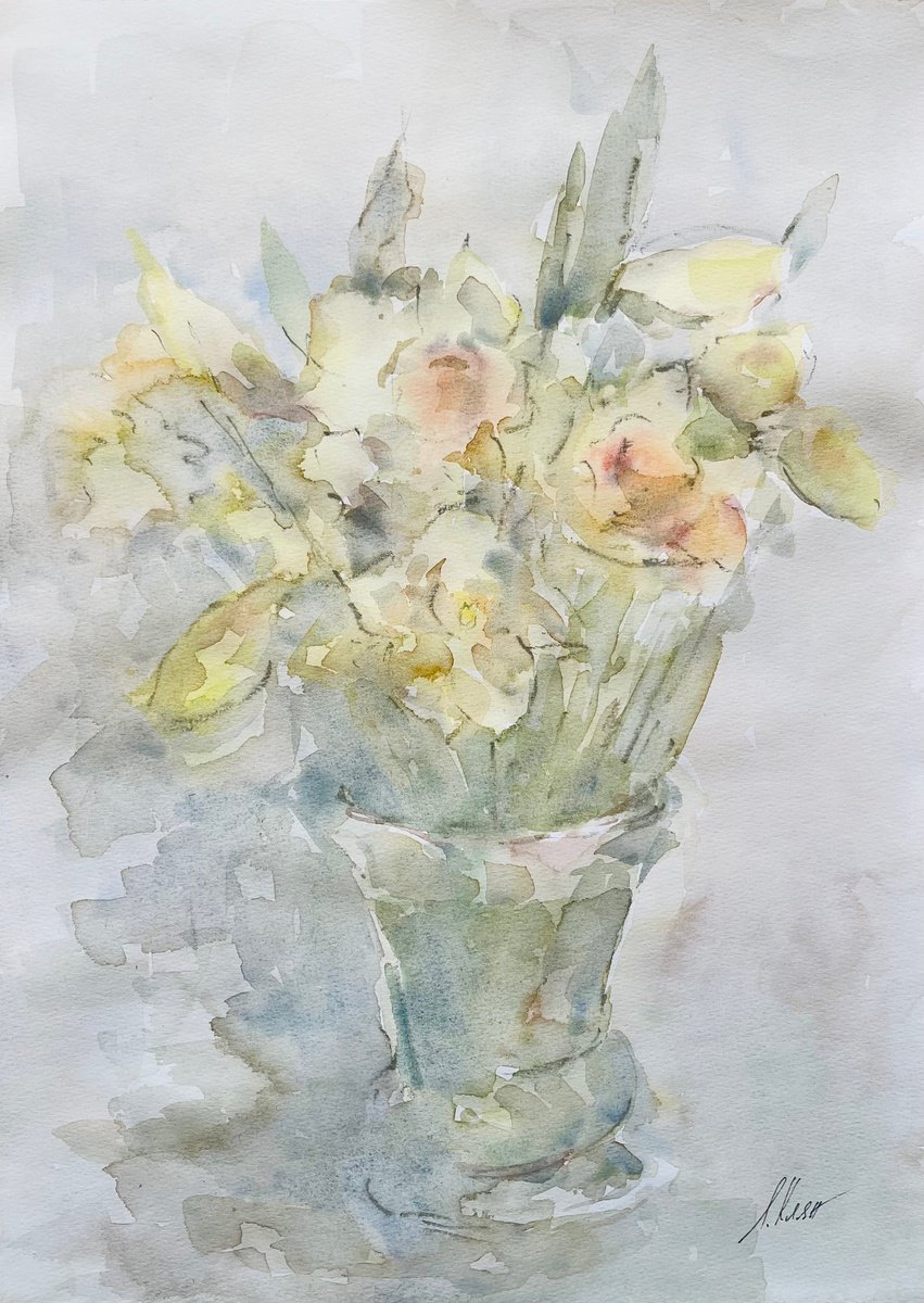Impressionistic Still Life Painting By Elena Klyan, 12 X 16, Daffodils 41X29 2025, Original Artwork