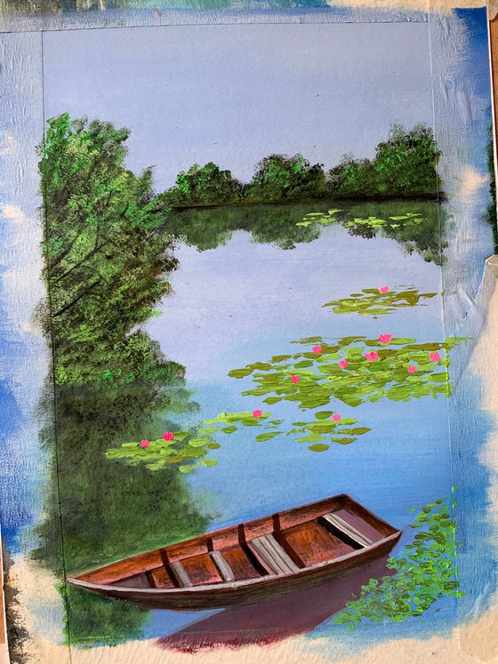 Boat near water lily pond-1 ! A4 size Painting on paper