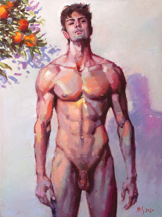 WARM EVENING by Yaroslav Sobol (Modern Impressionistic Figurative Oil painting of a Man Nude Male Model Gift Home Decor)