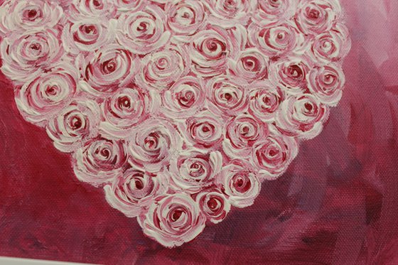 Heartful of roses - Be my valentine ! - Acrylic painting on unstretched canvas and framed - ready to hang - gift