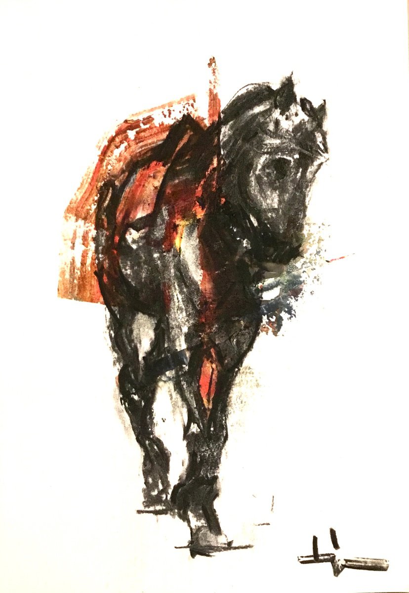 Expressive Animal Charcoal Drawing By Dominique Deve, 8 X 11, Old Horse, Original Artwork