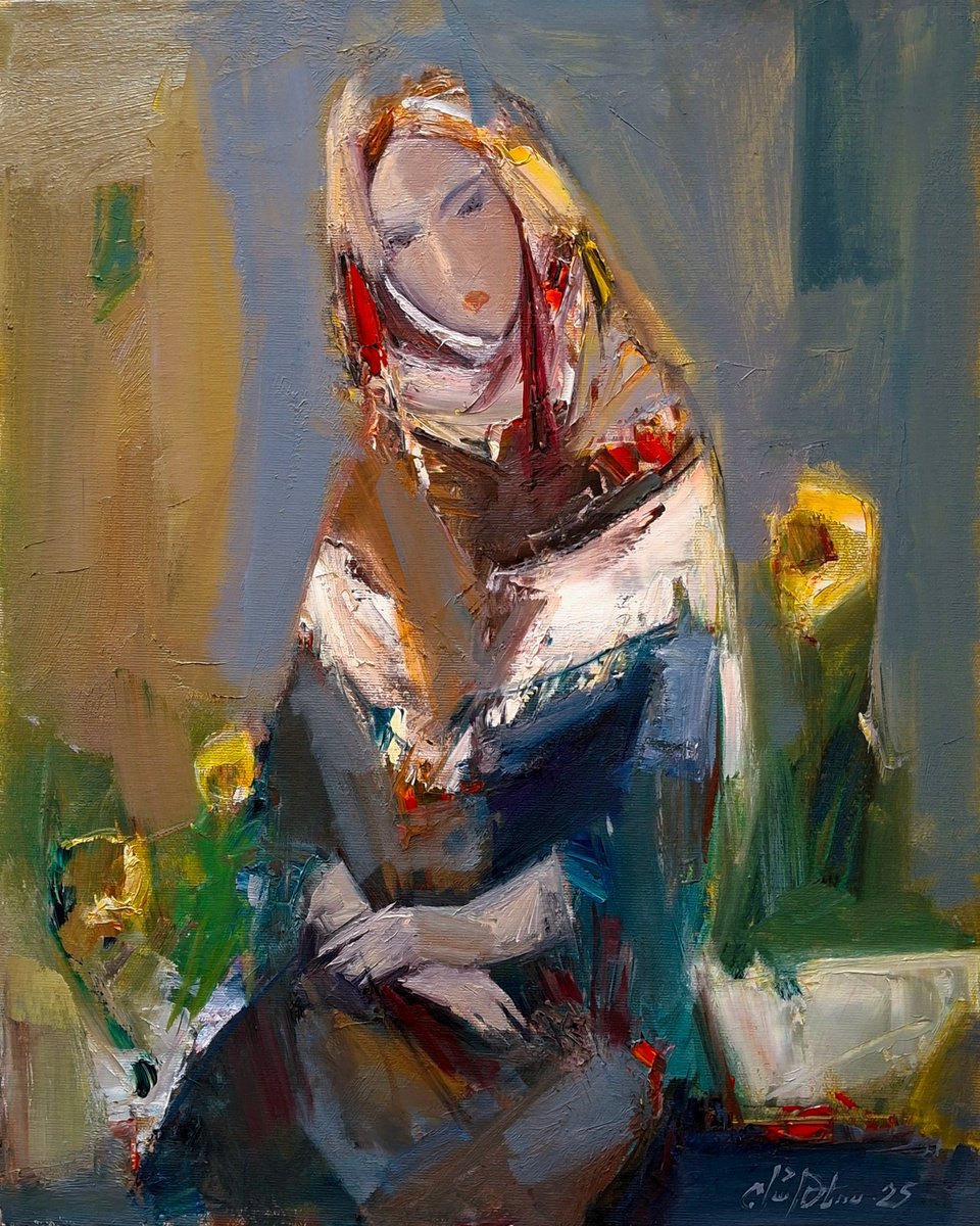 Abstract Portrait Oil Painting By Matevos Sargsyan, 16 X 20", Shades Of Serenity, Original Artwork