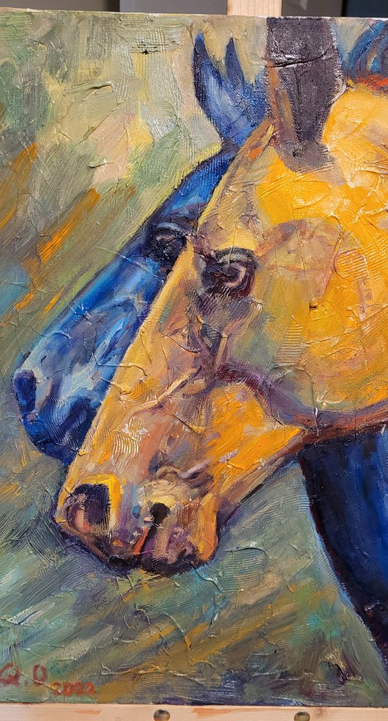 Two Horses, Contemporary Original Oil Painting, Impasto, Expressive