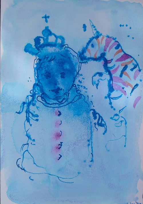 Prince and the unicorn, 15X21 cm ink drawing and painting by Aurelija Kairyte-Smolianskiene