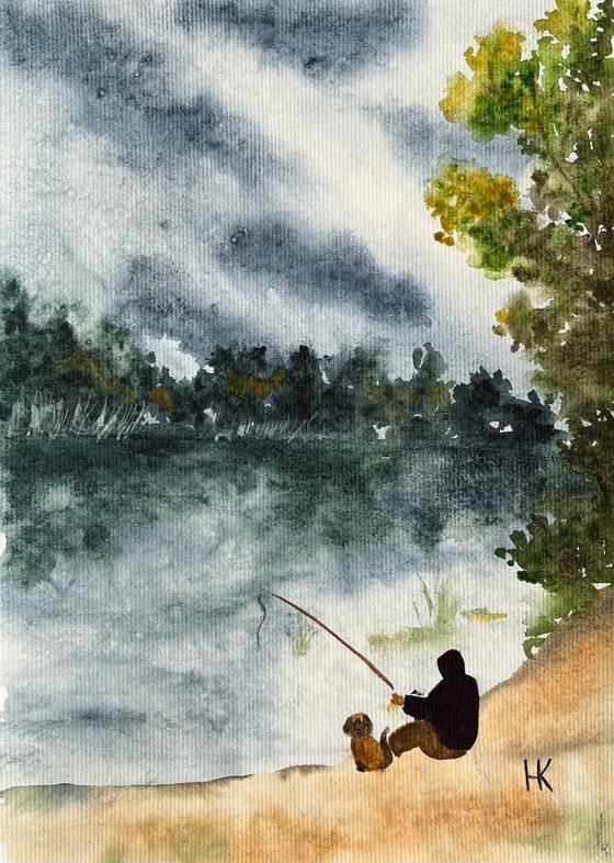 Man and Dog Painting Fishing Original Art Lake Watercolor Small River Landscape Wall Art 8 by 12" by Halyna Kirichenko