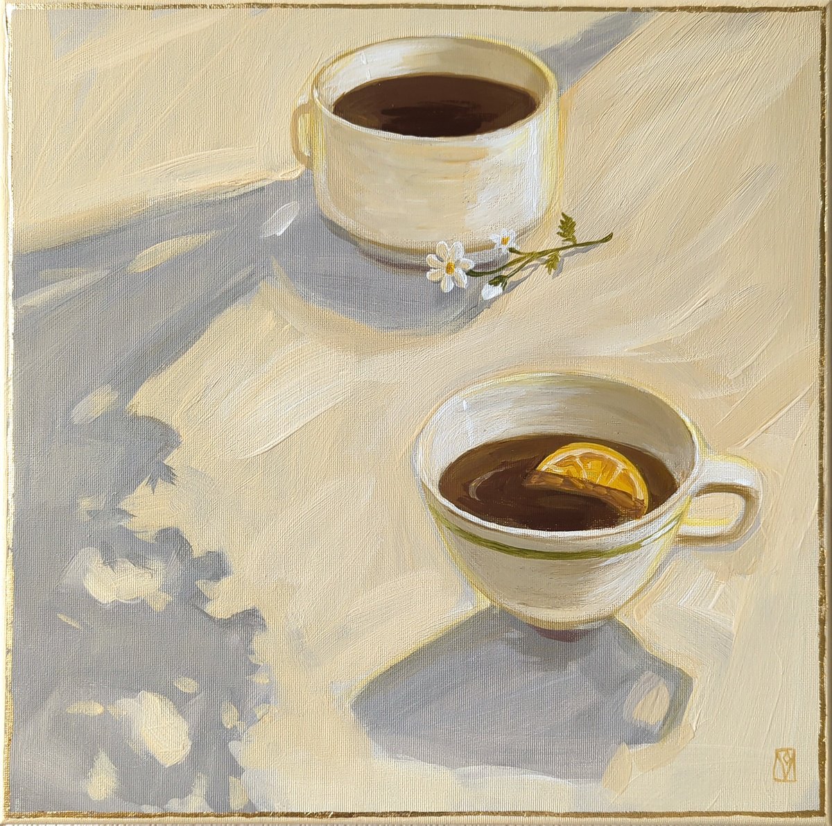 Impressionistic Still Life Acrylic Painting By Olha Vlasova, 12 X 12", Peaceful Morning, Original Artwork