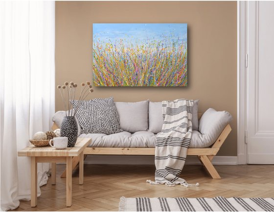 Blue Sky Meadow - Colorful Wildflower Landscape Painting