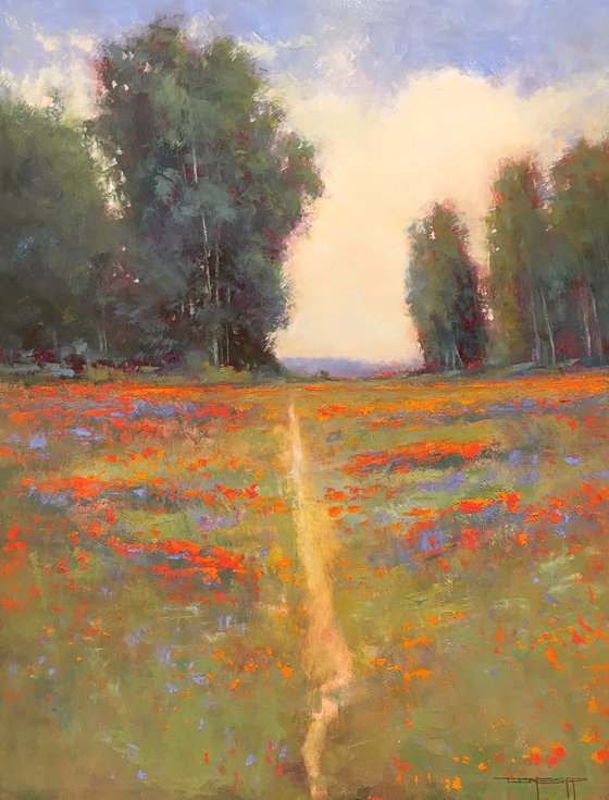 Red Poppy Field 191202, flower field impressionist landscape oil painting