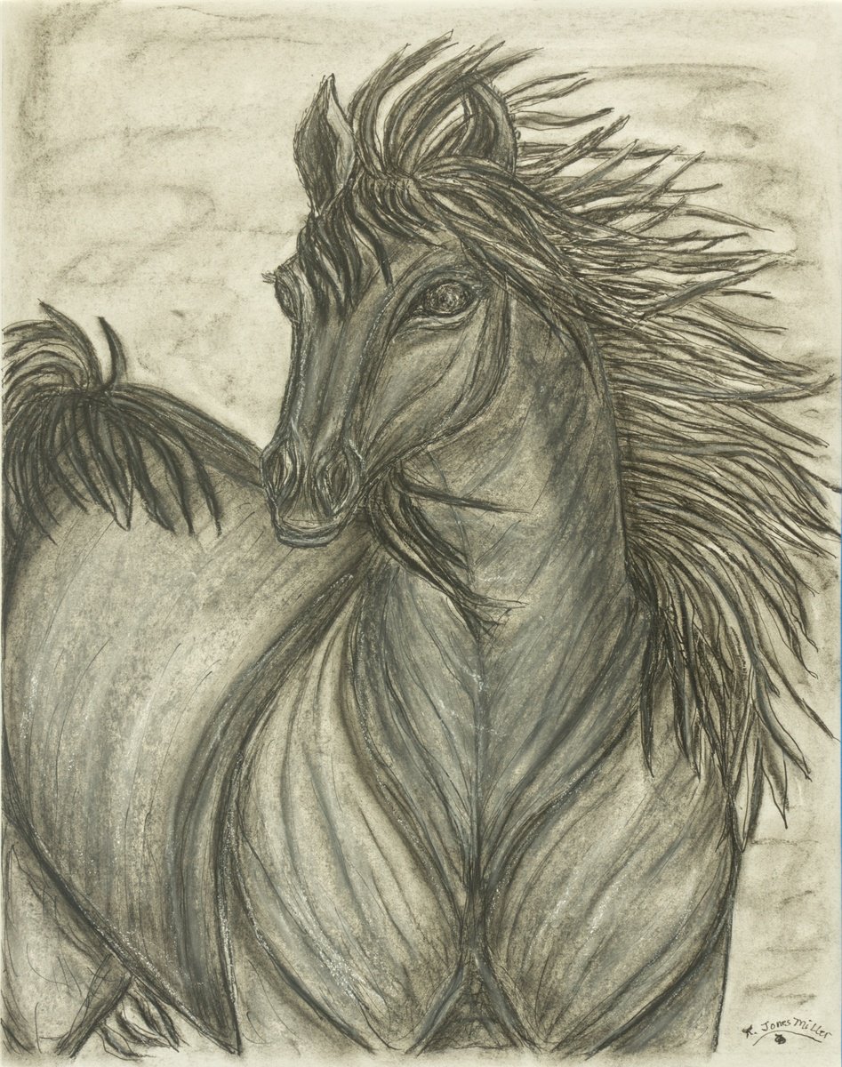 Impressionistic Animal Ink Drawing By Kim Jones Miller, 16 X 20", A Look Back, Original Artwork